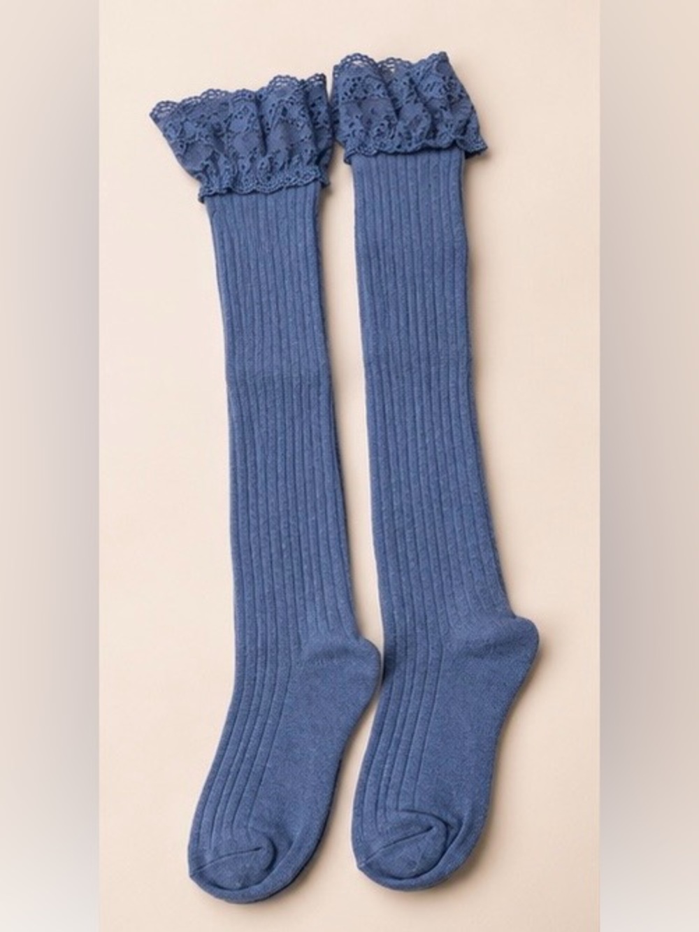 Ribbed Knee-High Socks with Lace Cuff for Women Denim Blue NWT - Picture 2 of 5